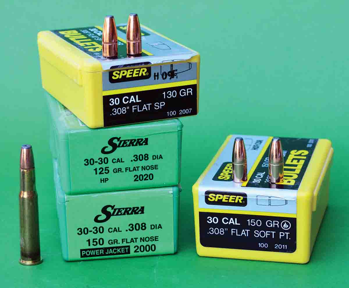 Speer offers traditional cup and core, flatnose bullets for the 30-30 that include 130- and 150-grain weights, while Sierra offers 125- and 150-grain versions.